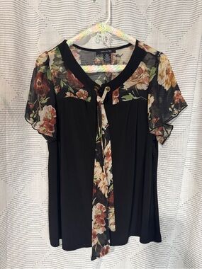 Adele & May Floral Chiffon Blouse Black Multicolor Flutter Sleeve V-Neck XL